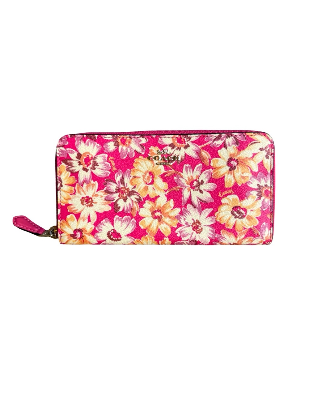 NWOT Coach Accordion Zip Wallet With Vintage Daisy Script Print Pink 3474